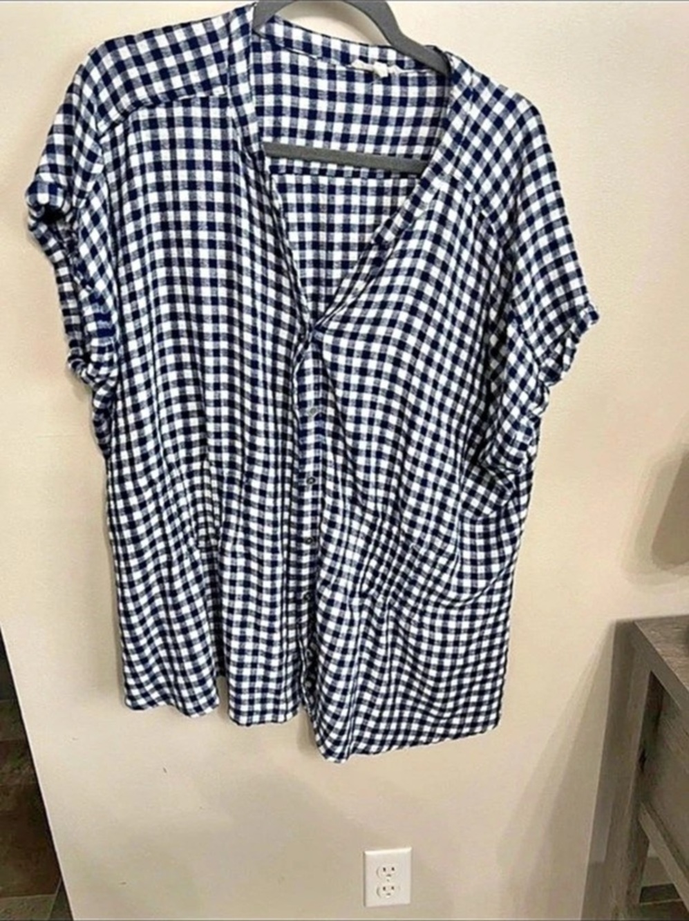 maurices Plus Size Blue Gingham Cinched Waist Button Down Shirt Blue & White 2X